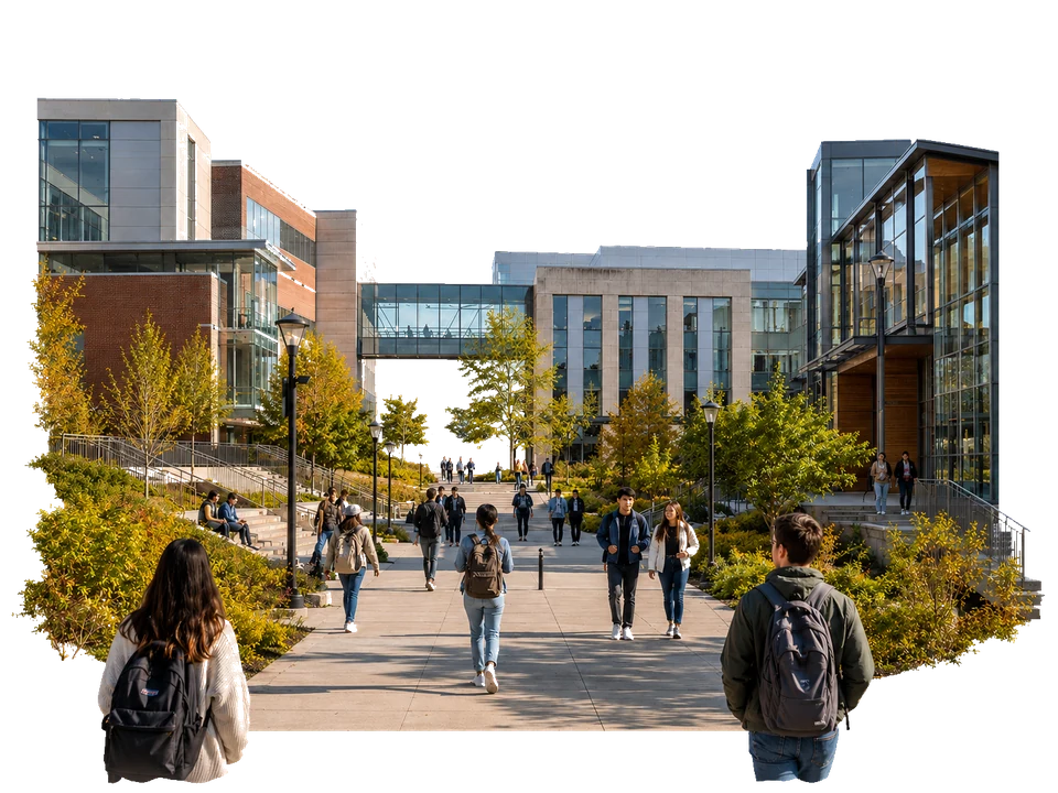 People walking between facilities on a multi-building campus.