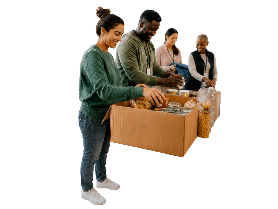 Nonprofit staff organizing community food donations together.