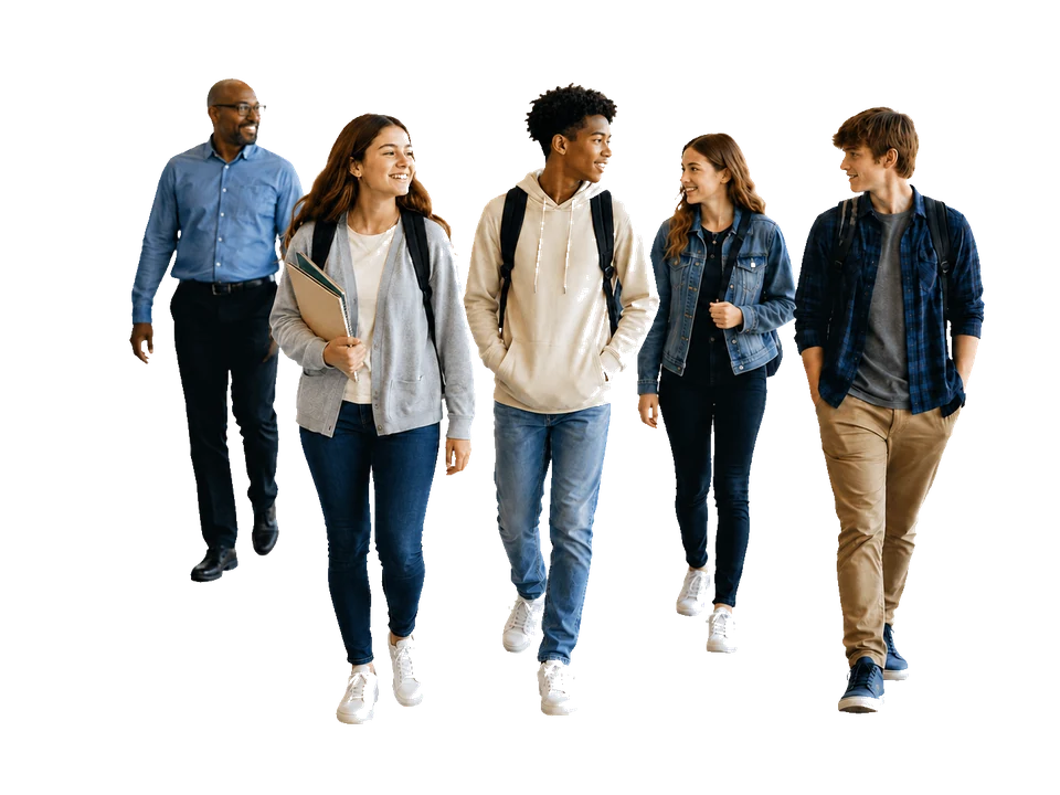 Students moving through a school campus together.